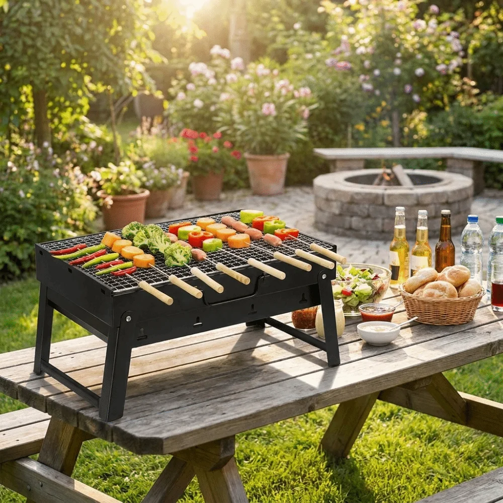 Camping Cooking Easy - Przenośny, wzmocniony grill BBQ, oszczędzający miejsce,